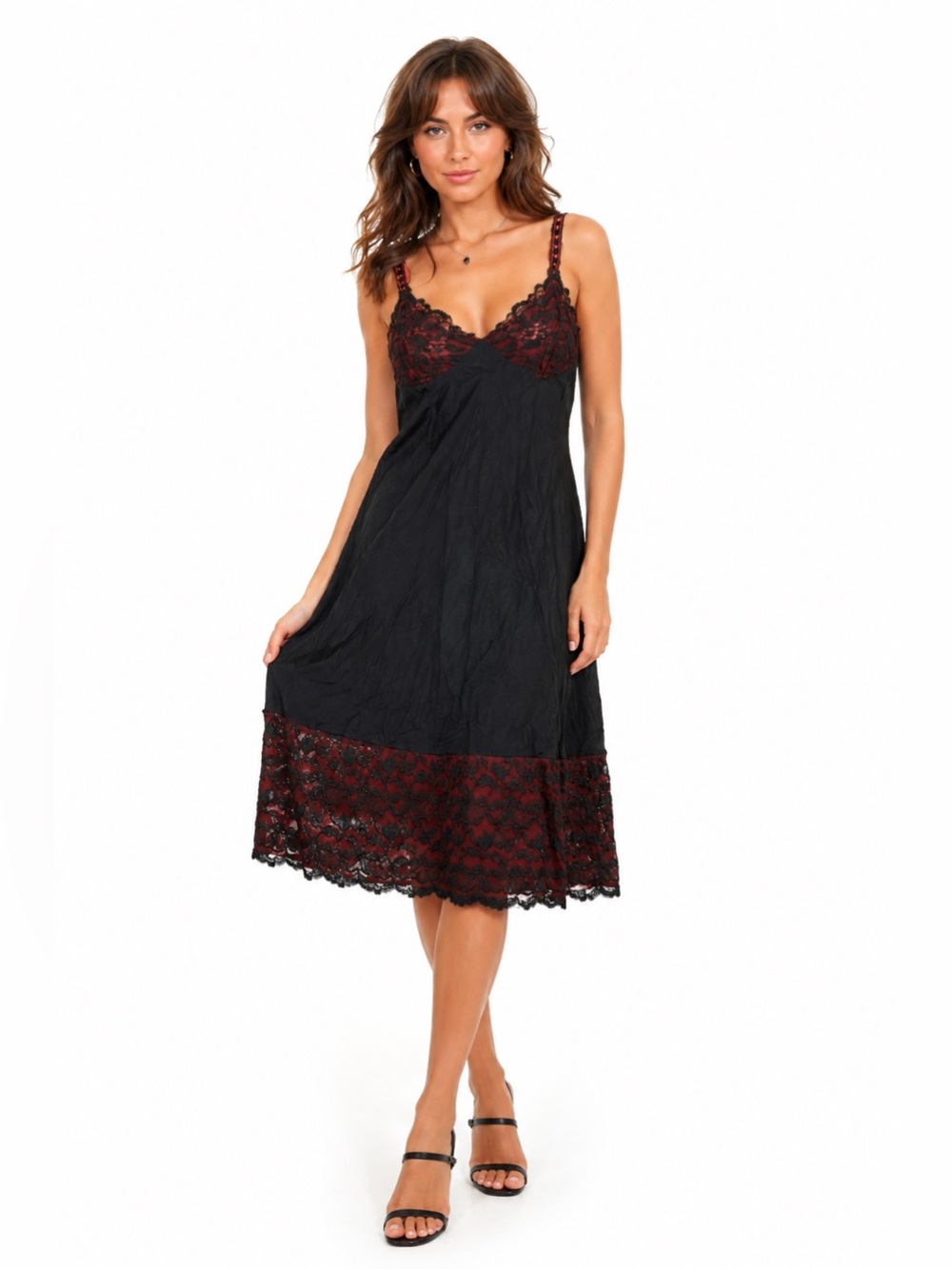70s French Vintage Perlon Silky Lace Midi Slip Dress (Black/Burgundy) Size S/M